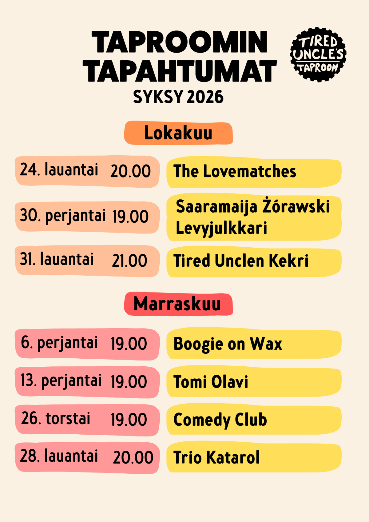 Taproomin tulevat tapahtumat