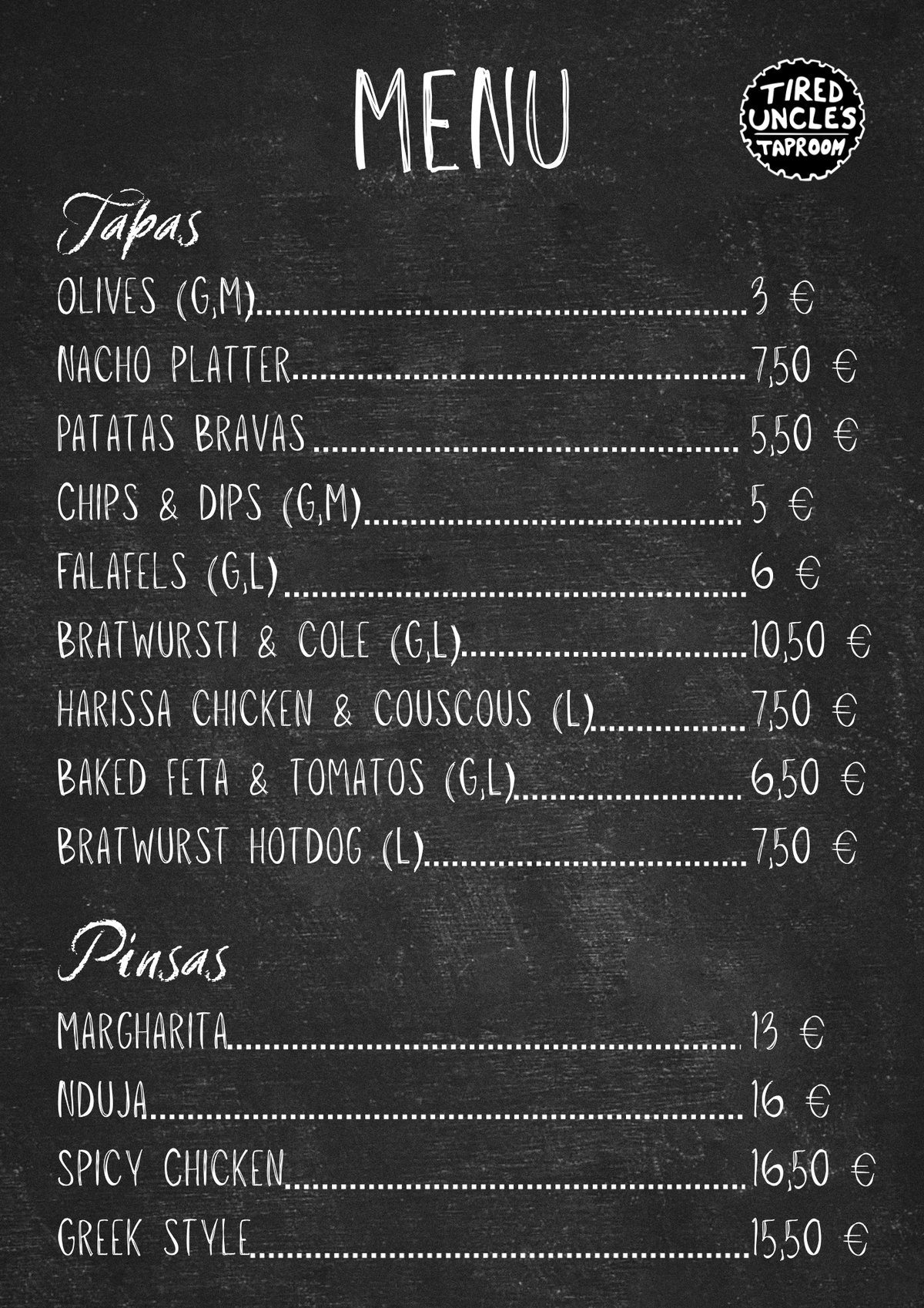 Taproom menu